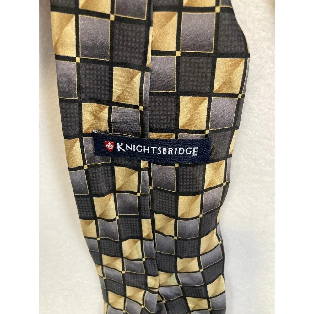 Knightsbridge Silk Tie Mens OS Gold Black Gray‎ Geometric Checkerboard Pattern